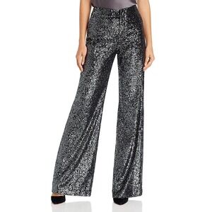 Alice + Olivia Dylan Sequin‎ Pants Gunmetal Grey Size 2 Wide Leg High Rise Chic